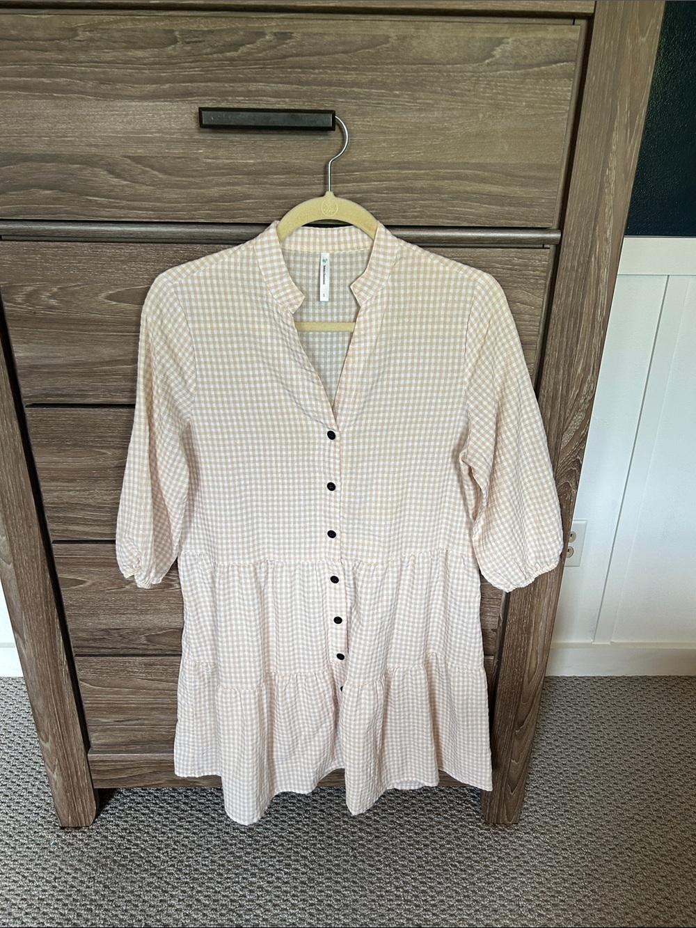 Gingham Tiered Mini Dress in Soft Pink